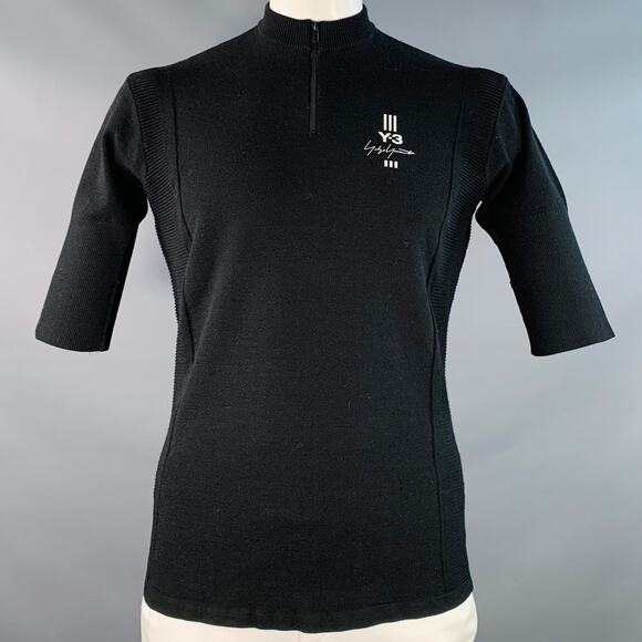 Y-3 Size L Black White Logo Polyester Blend Short Sleeve 1/4 Zip Pullover - Picture 1 of 7